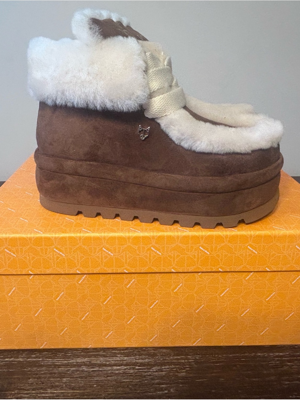 Naked Wolfe Brown Suede Platform Boot with White Shearling Trim